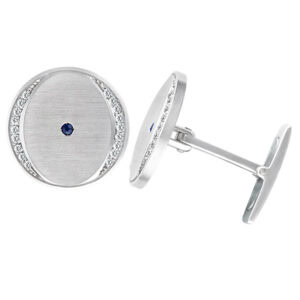 Cufflinks in 18k satin white gold with diamond and blue sapphire accents