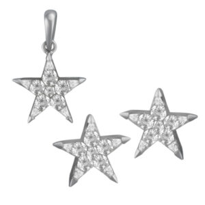 Star Earrings And Pendant In 18k White Gold With 1 Carat In Diamond Accents