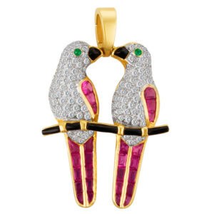 Parrot pendant with emerald eyes, ruby & diamond in 18k