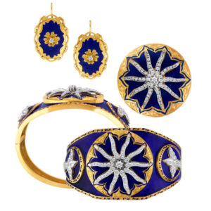 Bracelet, broach & earrings set with diamonds & blue enamel in 14k