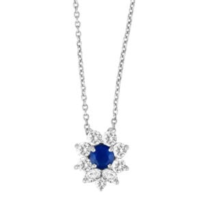 Tiffany and co. flower shaped diamond and sapphire pendant on a chain in platinum