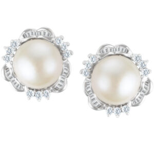 Pearl & diamond earrings in 14k wg w/app 0.75 carats in round & baguette diamonds & 10.5 mm  pearls