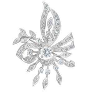 Corsage shape round diamond pin/brooch in 14k wite gold with app. 1 cts in diamonds