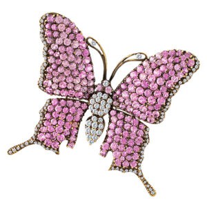 Pink sapphire butterfly pin in pvd over gold with 1.42 cts in diamonds & 14.2 cts in sapphires