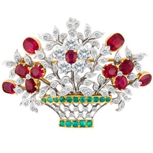 Flower basket broach in 18k & platinum with diamonds, rubies & emeralds, stamped "Tiffany & Co."