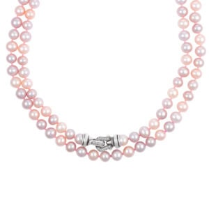 David Yurman long strand of pink pearls with sterling silver and diamond clasp