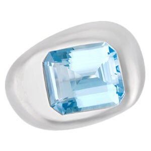 Aquamarine ring in 18k white gold. Center emerald cut 6.23 carat aquamarine. Size 7.