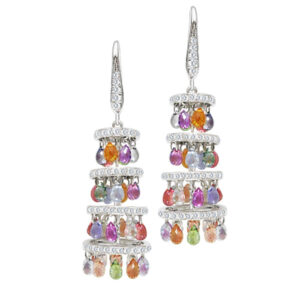 Pagoda style earrings in 18k white gold w/ 22.70 cts in colored briolette sapphires & 1.40 cts in di