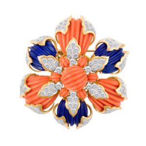 Coral, lapiz & diamond broach in 18k