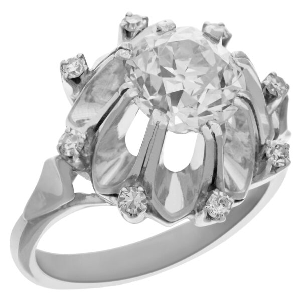 1.50 carat old mine cut diamond in an 18k white gold with diamond accents ring