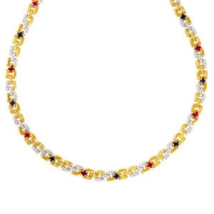 Link necklace with rubies, sapphires and over 1 cts in diamonds in 18k