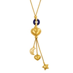 18k Italian design 22" rope chain with lapis lazuli, heart & attached moon, star, heart charms