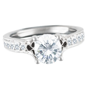 Ritani 18k white gold 0.25 cts total diamond semi mount. Shown with center CZ not a Diamond