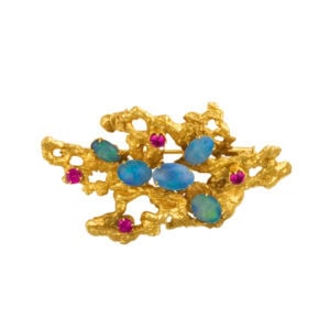 Brooch in 14k with opals & rubies