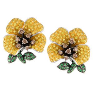 Flower cognac diamond, yellow sapphire & tsavorite earrings in 18k white gold