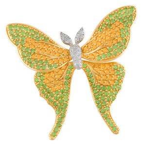 Butterfly broach in 14k with diamonds & colored semi-precious stones