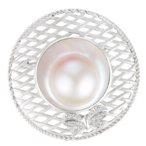 Mobe pearl hat-shaped brooch in 14k white gold with diamond bow accent.