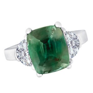 6.27 carat Alexandrite in a platinum setting with two half moon side diamonds 1.60 cts taw