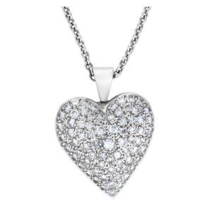 Pave diamond heart pendant and chain in 14k white gold. 4.50 carats