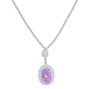 Pink Kunzite drop pendant necklace in 18k white gold. 6.00 carats in diamonds