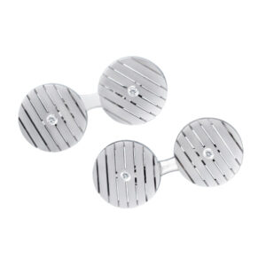 Round "striped" cufflinks in 18k white gold with diamond centers