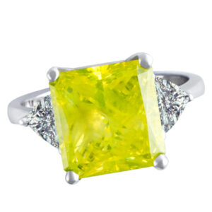 Color Enhanced Vivid Yellow Square Cut 4.54 Cts Set In A Platinum Setting With 2 Side Trillion