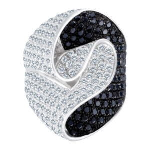 Twisted ring with black & white diamonds set in 14k white gold. 5.91 carats