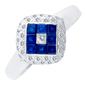 Modern & Cute! Diamong and sapphire ring 18k white gold. Size 7.