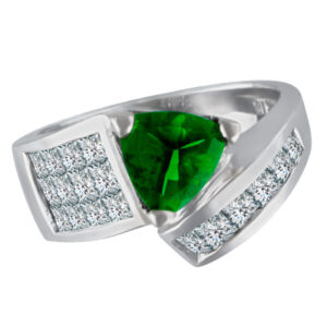 Tasteful trillion cut tsavorite ring with diamond accents set in 18k white gold.