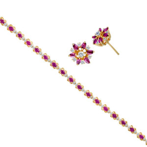 Flower diamond and ruby bracelet and earring set