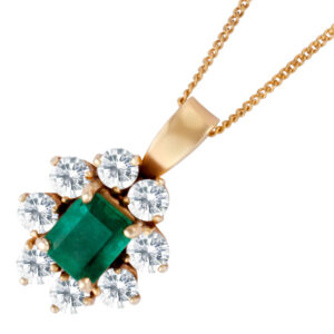 Deep Green emerald and diamond pendant in 14k. app. 1.0 cts emerald surrounded by app. 1.0 cts dia