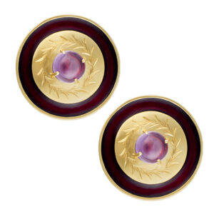 Black enamel circling cabachon amethyst earrings in 14k