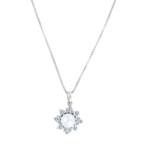 Beautiful pearl pendant with diamond accents on 14k white gold chain