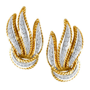 twisted gold & diamond leaf design earrings in 18k, app 0.50 carats