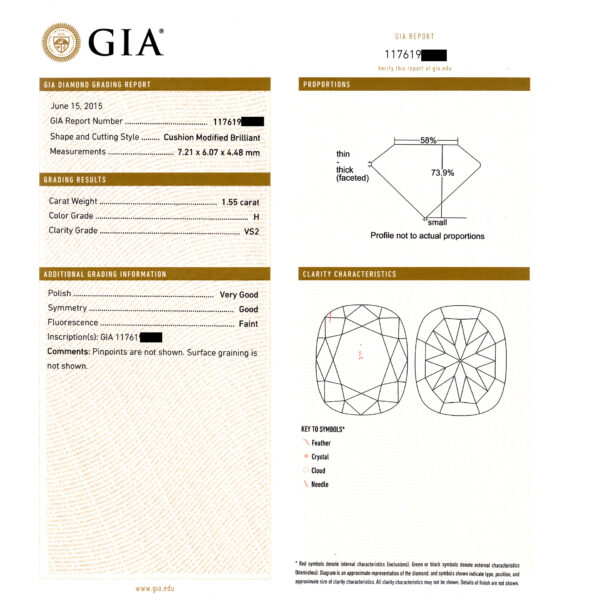 GIA certified cushion modifed cut diamond 1.55 carat (H color, VS2 clarity) ring