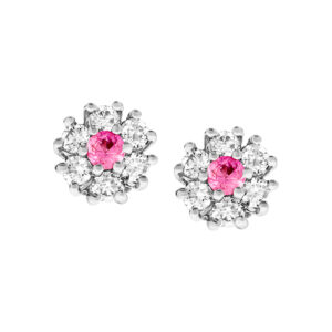 Flower pink sapphire & diamond earrings in 18k white gold. 0.48 cts in diamonds.