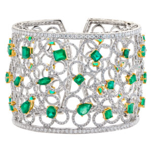 Emerald and diamond cuff 18k white gold. 21.24 carats in Diamonds, 16.80 carats in emeralds.