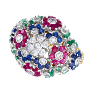 Sapphire, ruby, emerald & diamond ring