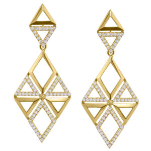 18k yellow gold geometrical hanging pave diamond earrings. 1.10 carats