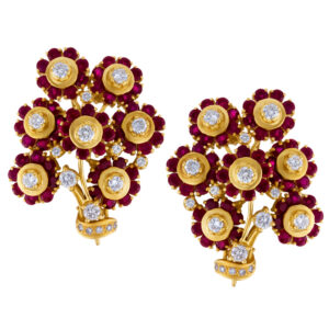 Matching flower ruby (6 cts) diamond (3.5 cts) lapel pin broach set in 18k Y/g.