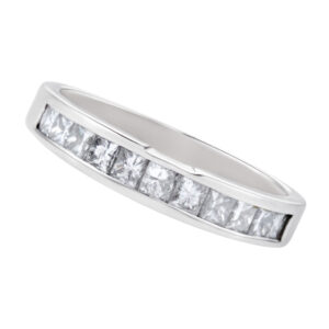 Diamond Eternity Band and Ring in 14k white gold. 1.00 carats in princess cut diamonds. Size 8