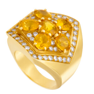 Yellow topaz flower ring with diamond accents in 18k. Size 7.