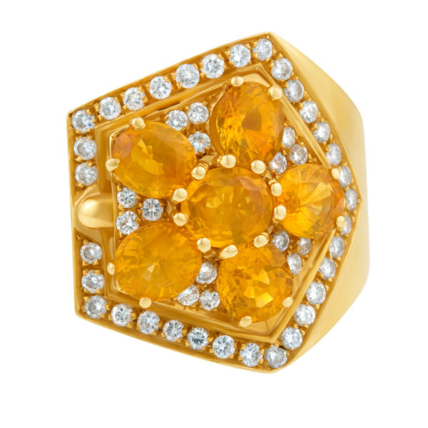 Yellow topaz flower ring with diamond accents in 18k. Size 7.