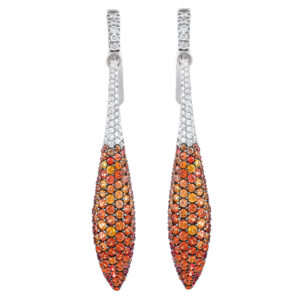 Salavetti ELITE diamond and orange sapphire drop earrings in 18k white gold.