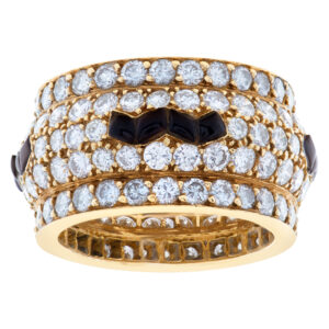 Domed diamond eternity band and ring with onyx inlay in 14k yellow gold. 5.4cts in dias