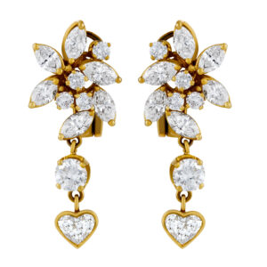 Marquise, round and heart shaped earrings in 18k yellow gold