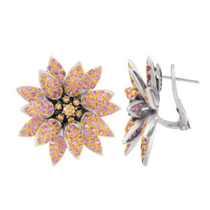 Pink Chrysanthemum earrings with pink sapphires app. 4 carats and diamond blossoms in 18k white gold