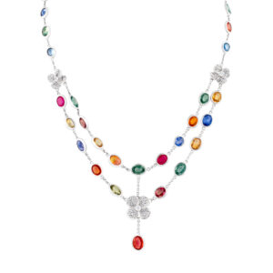 Colorful blue, green, red, yellow, orange sapphires necklace in 18k white gold with diamond accents