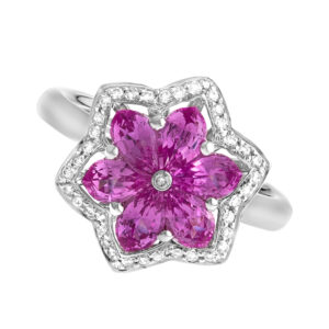 Pink sapphire ring with 1.85 cts in pink sapphires 0.18 cts in diamonds in 18k wg