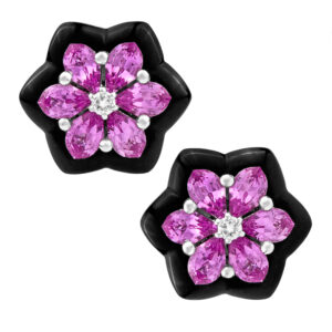 Pink sapphire & onyx earrings with diamond center. 2.00 carats in sapphires